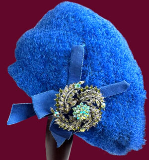 Vintage Union Made Cobalt Blue Fuzzy Cloche Hat Bow 21" USA 1950s 60s Jackie O